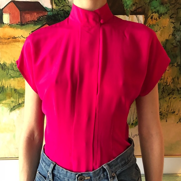 Vintage Tops - VINTAGE Hot pink silk blouse button down XS